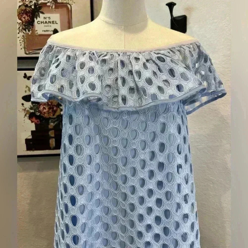 Above Mediocre Taste Baby Blue Eyelet Off The Shoulder A-line Dress- Size Small - Picture 4 of 9